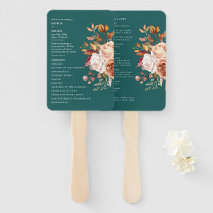 Éventail Mariage floral à l'aquarelle sarcelle et terre cui