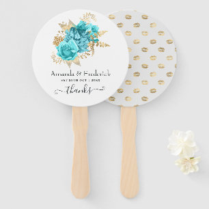 Éventail Mariage floral bleu aqua et or