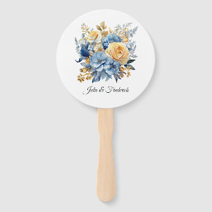 Éventail Mariage floral bleu poussiéreux et or