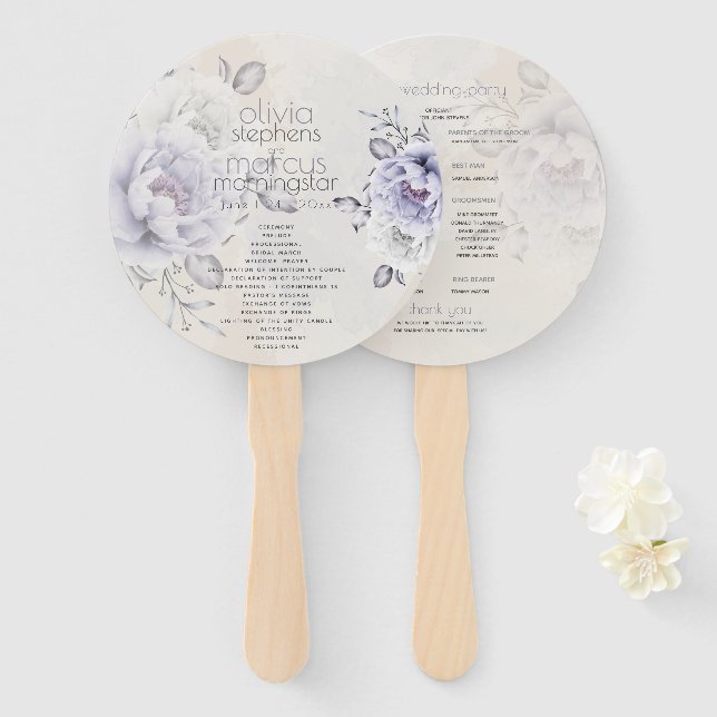 Éventail Mariage | Floral de Lilac rustique et d'Albâtre (Devant et derrière)