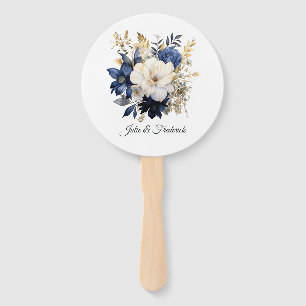 Éventail Mariage floral en bleu marine, blanc et or