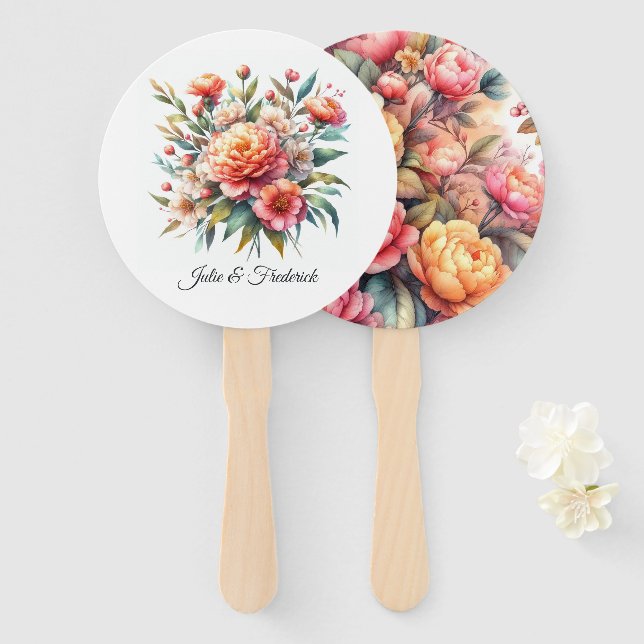 Éventail Mariage Floral Fuzz pêche (Devant et derrière)