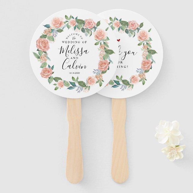 Éventail Mariage Floral Rustique Bienvenue Fan Main (Devant et derrière)