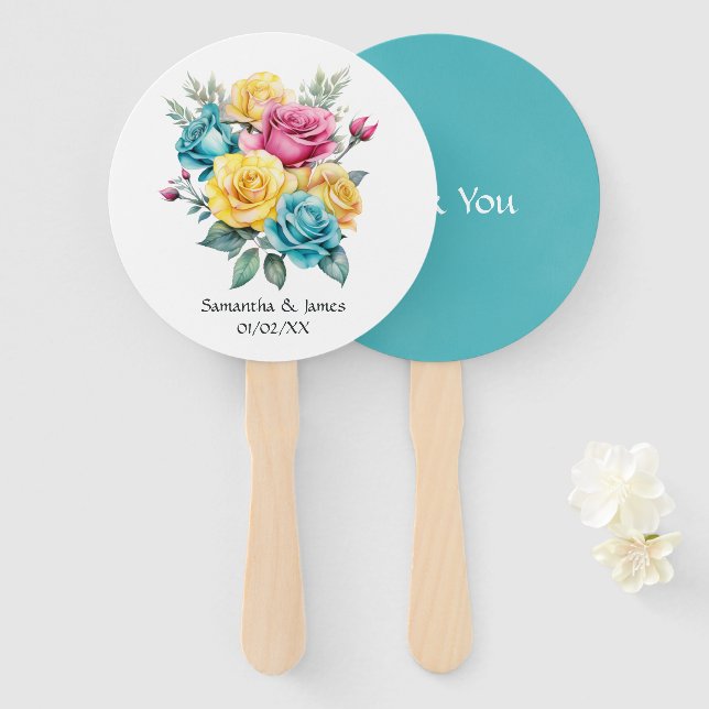 Éventail Mariage floral turquoise, jaune et rose (Devant et derrière)