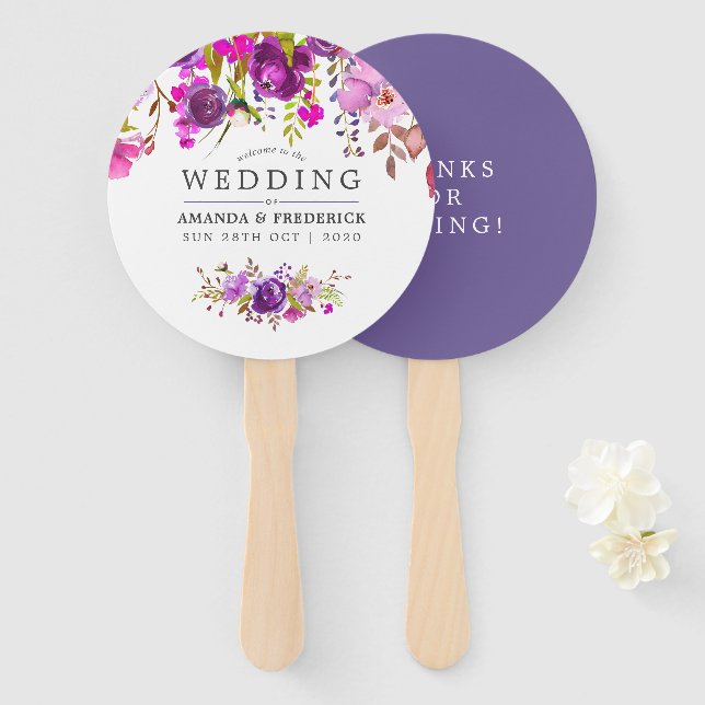Éventail Mariage floral violet et violet Faveur (Devant et derrière)