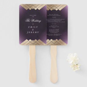 Éventail Mariage Gatsby d'or violet géométrique