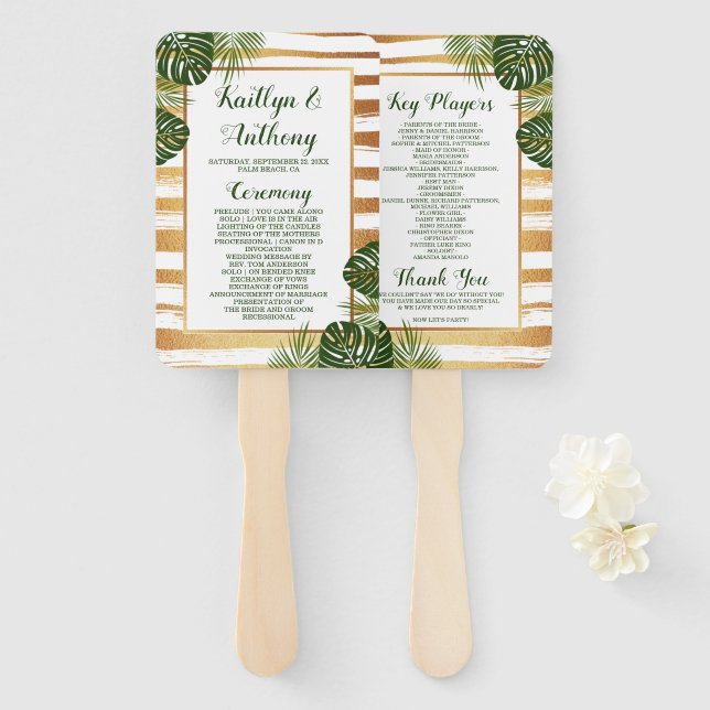 Éventail Mariage Gold Foil & Green Palm Leaf Beach (Devant et derrière)