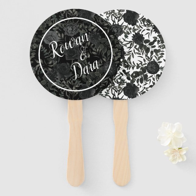 Éventail Mariage gothique Rose noir blanc (Devant et derrière)