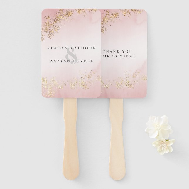 Éventail Mariage moderne Luxe Gold Flecks Blush Rose Mist (Devant et derrière)