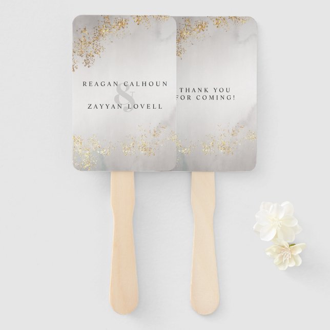Éventail Mariage Moderne Luxe Paillettes D'or Gris Brume (Devant et derrière)