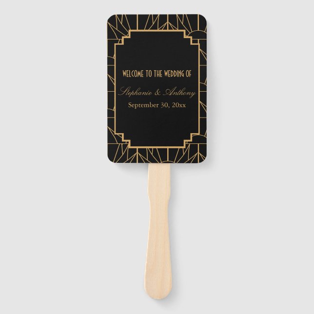 Éventail Mariage Motif Gold et Black Art Déco (Devant)