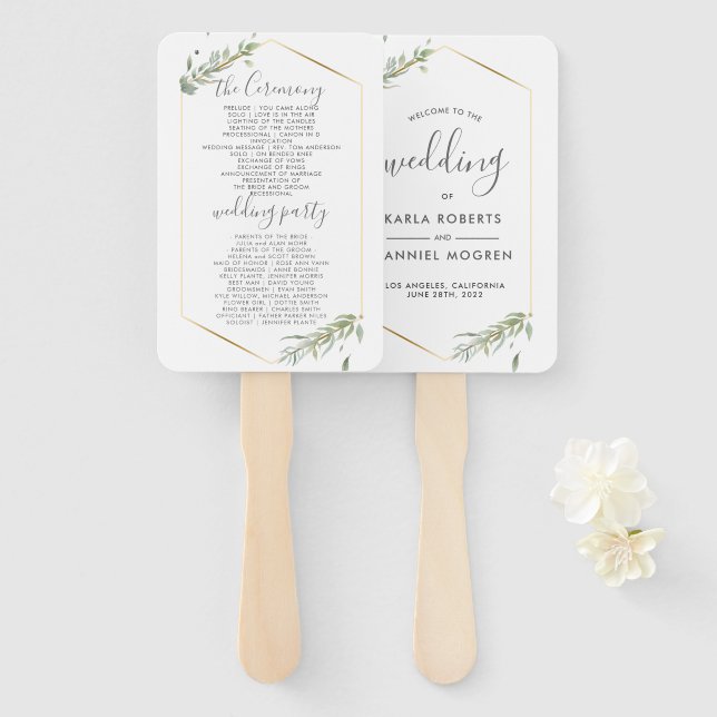 Éventail Mariage Programme-Moderne Or & Foliage Cadre (Devant et derrière)