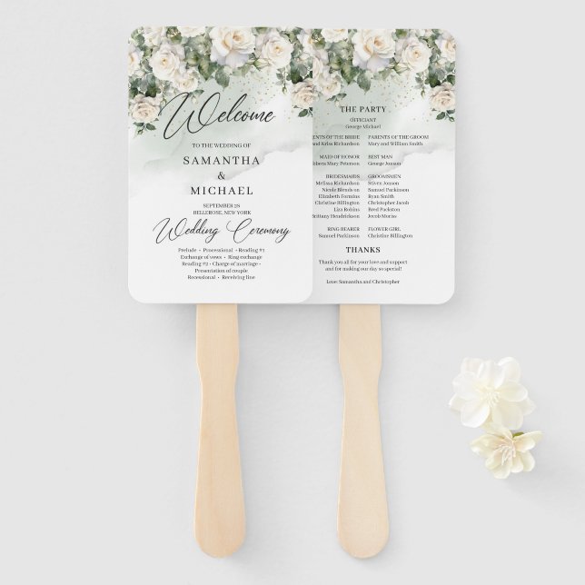 Éventail Mariage romantique boho blanc roses et verdure (Devant et derrière)