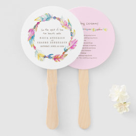 Éventail Mariage rose boho plume et perles fans du programm