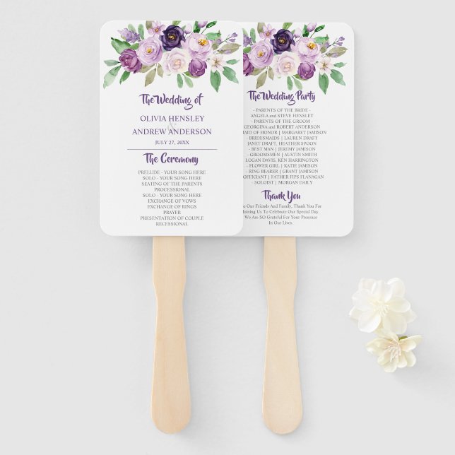 Éventail Mariage Rose de couleur d'eau violet et lavande (Devant et derrière)