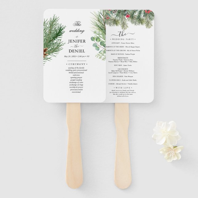 Éventail Mariage Rustique d'Hiver aux Baies et Pins (Devant et derrière)