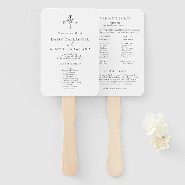 Éventail Mariage simple de monogramme floral noir et blanc (Devant et derrière)