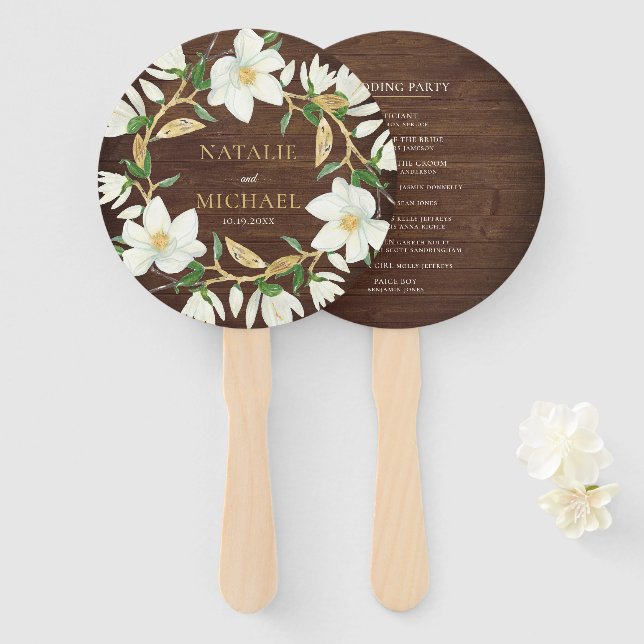Éventail Mariage sur mesure en bois rustique Magnolia (Devant et derrière)