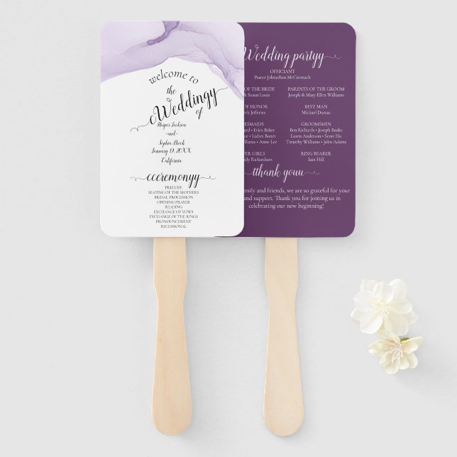 Éventail Mariage violet Aquarelle moderne (Devant et derrière)