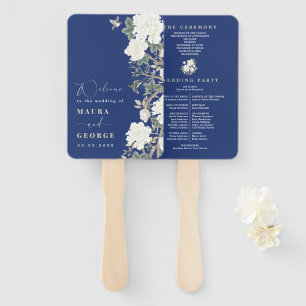 Éventail Marine bleu blanc Chinoiserie Floral Wedding Progr