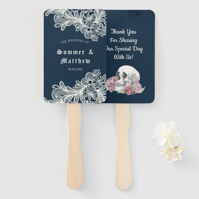 Éventail Marine bleu Crâne rose Roses dentelle Mariage goth (Devant et derrière)
