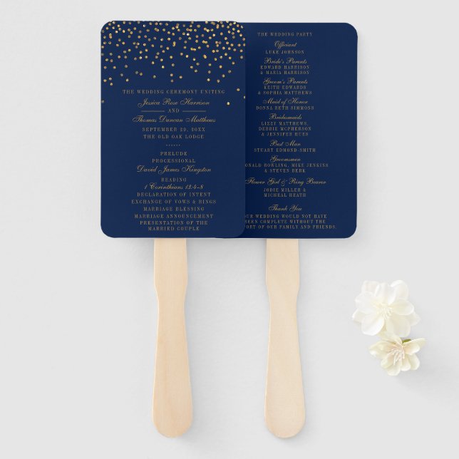 Éventail Marine Blue & Glam Gold Confetti Wedding Programme (Devant et derrière)