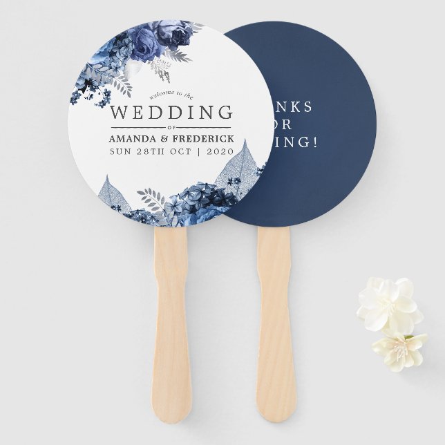 Éventail Marine et blanc avec mariage à huile d'argent Fave (Devant et derrière)
