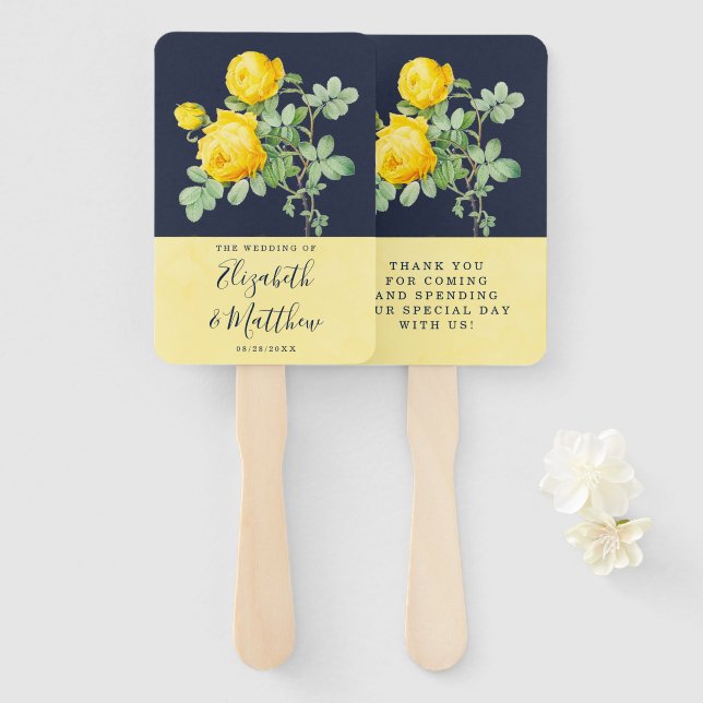 Éventail Marine et Rose Jaune Romantique Mariage (Devant et derrière)