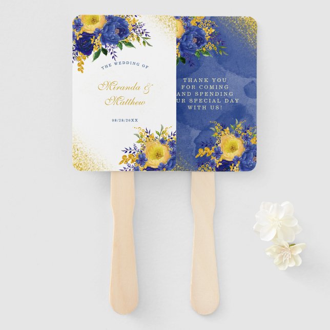 Éventail Marine Jaune Peinture or Peony Mariage Merci (Devant et derrière)