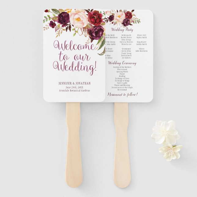 Éventail Marsala Bourgogne Roses du programme (Devant et derrière)