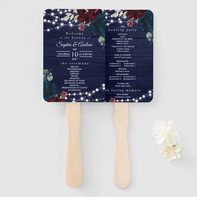 Éventail Marsala & Navy Floral Rustic Wedding Programme (Devant et derrière)