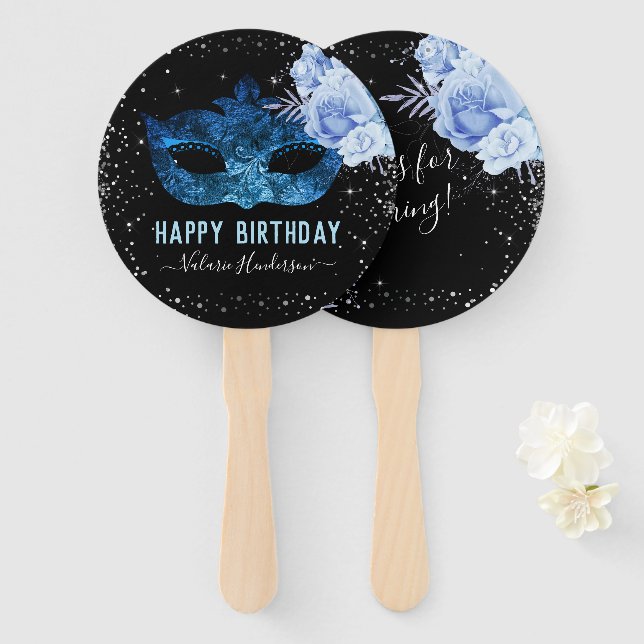 Éventail Mascarade bleue Anniversaire Fan main (Devant et derrière)