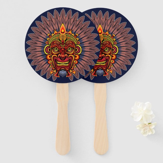 Éventail Masque rituel du roi guerrier tribal (Devant et derrière)