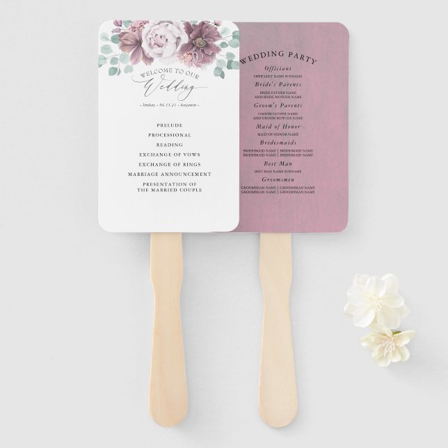 Éventail Mauve Floral Mariage (Devant et derrière)