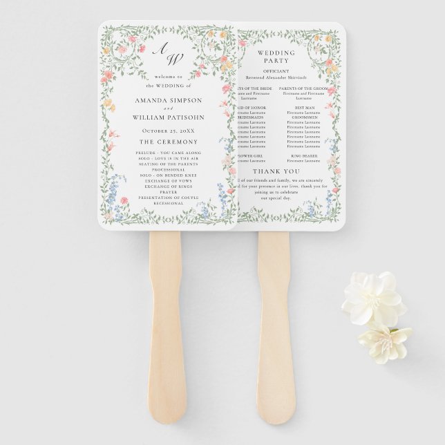 Éventail Meadow Pastel Rose Floral Wedding Programme (Devant et derrière)
