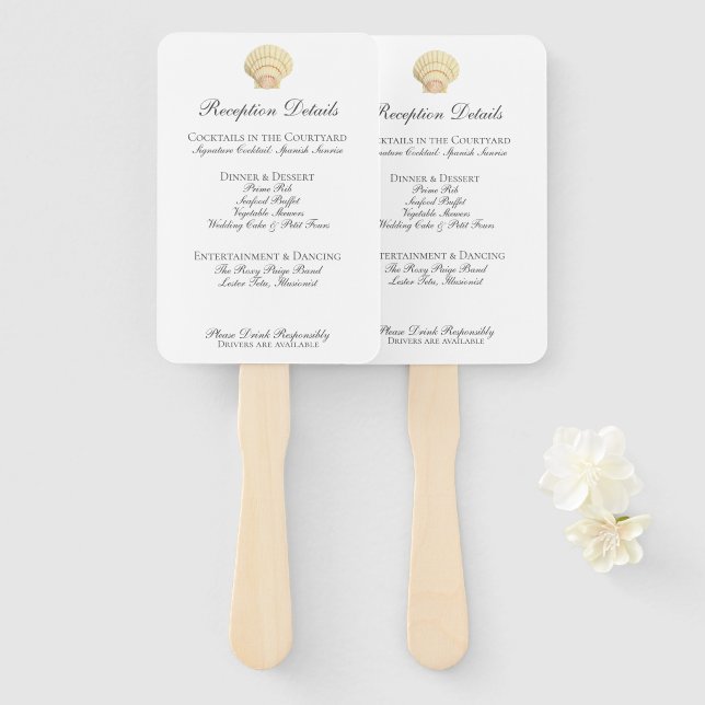 Éventail Menu Mariage vintage Seashell (Devant et derrière)