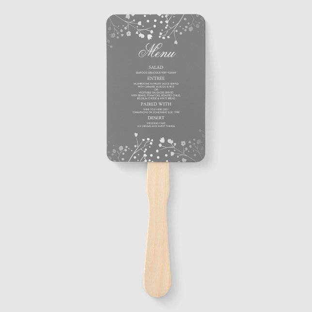 Éventail Menus Mariage argenté et gris (Devant)
