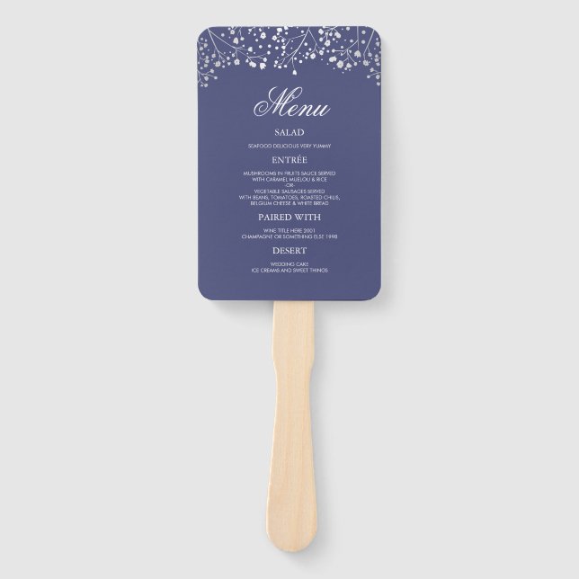 Éventail Menus Mariages en argent et bleu marine (Devant)