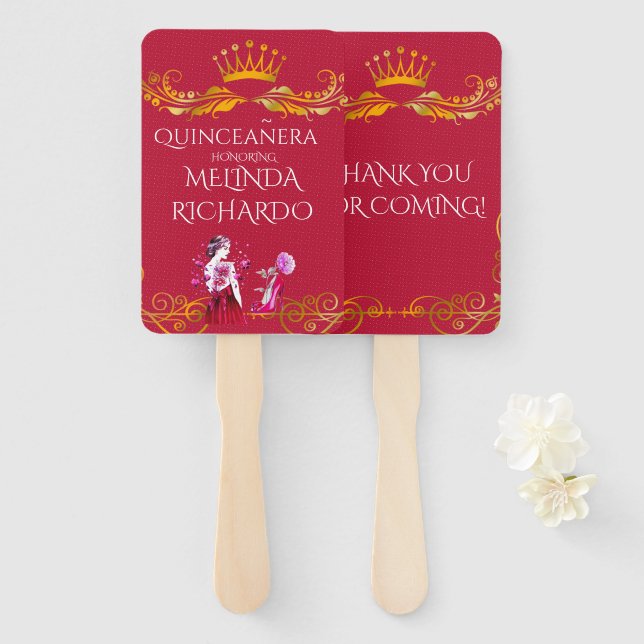 Éventail Merci Chic Rose Rouge Quinceanera (Devant et derrière)