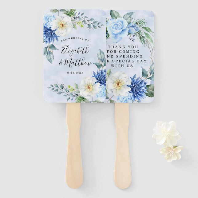 Éventail Merci de Mariage floral bleu marine Dusty (Devant et derrière)