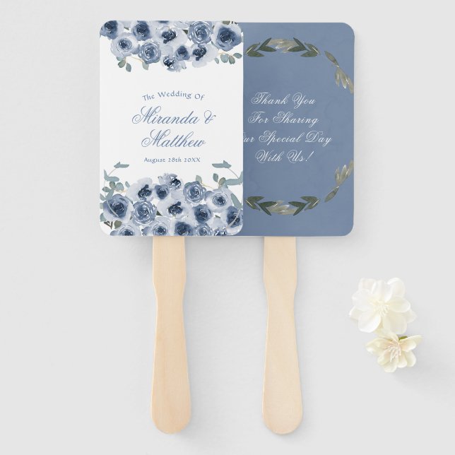 Éventail Merci Mariage de pivoine couleur bleu foncé (Devant et derrière)