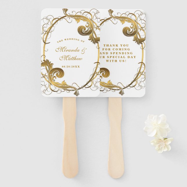 Éventail Merci Mariage simple Ornement blanc et or (Devant et derrière)
