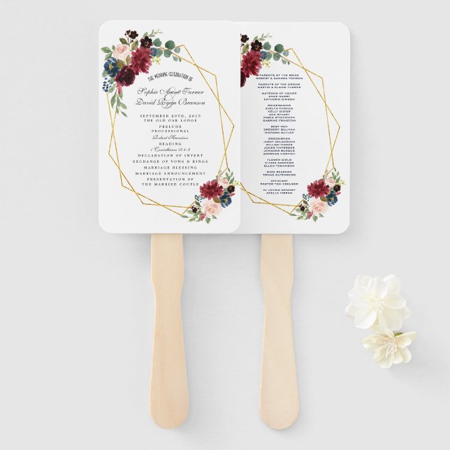 Éventail Merlot Marine Blue Floral Gold Frame Wedding Progr (Devant et derrière)