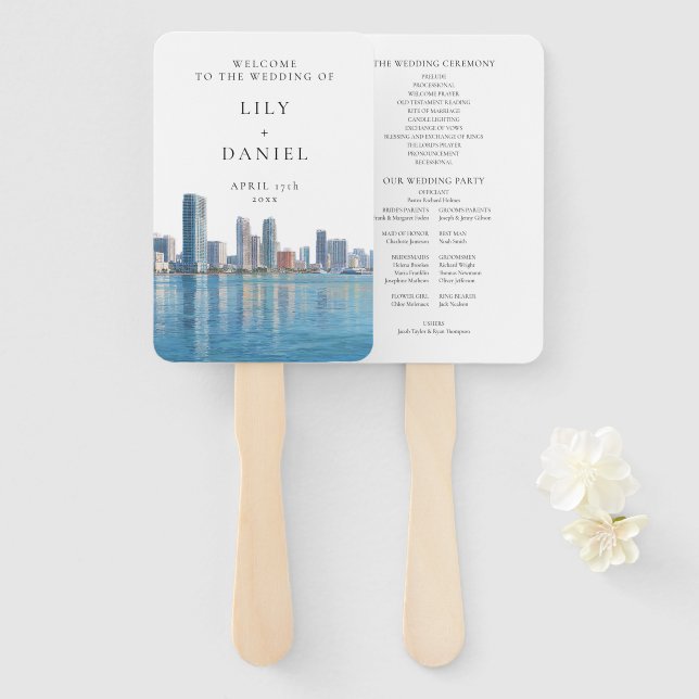 Éventail Miami Skyline Watercolor Wedding Program (Devant et derrière)