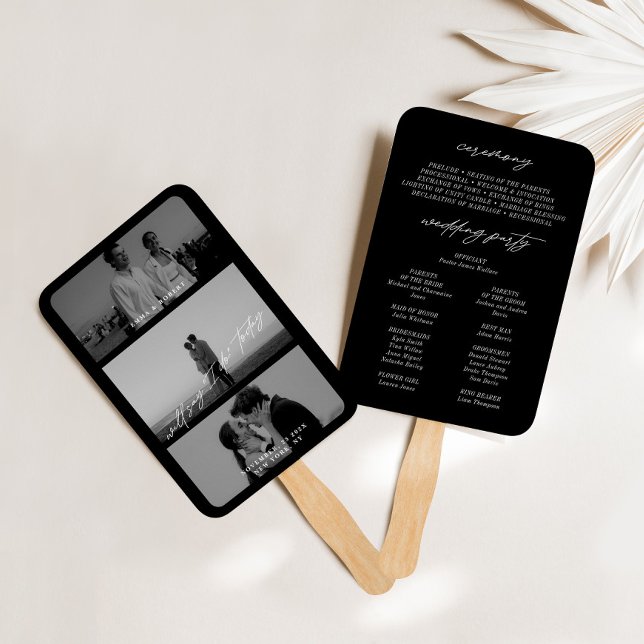 Éventail Miniature moderne Noir 3 Photo Wedding Programme d (Minimal Modern Black 3 Photo Wedding Program Fans)