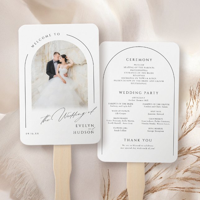 Éventail Modern Script Minimal Photo Arch Wedding Programs (Modern Script Minimal Photo Arch Wedding Programs Hand Fan)