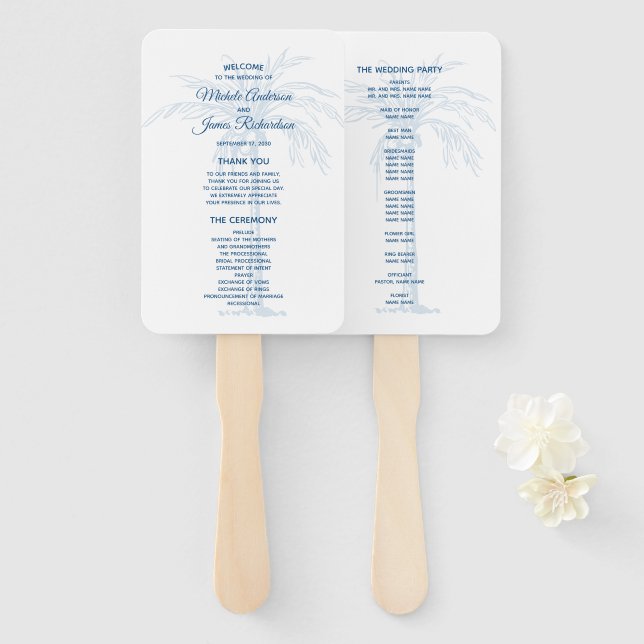 Éventail Moderne Blue Palm Tropical Beach Wedding Programme (Devant et derrière)