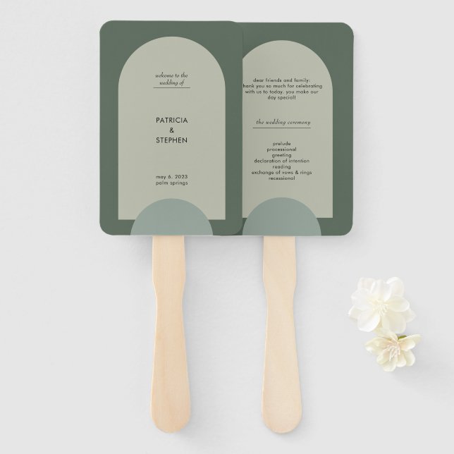Éventail Moderne Green Boho Arch Programme de mariage géomé (Devant et derrière)