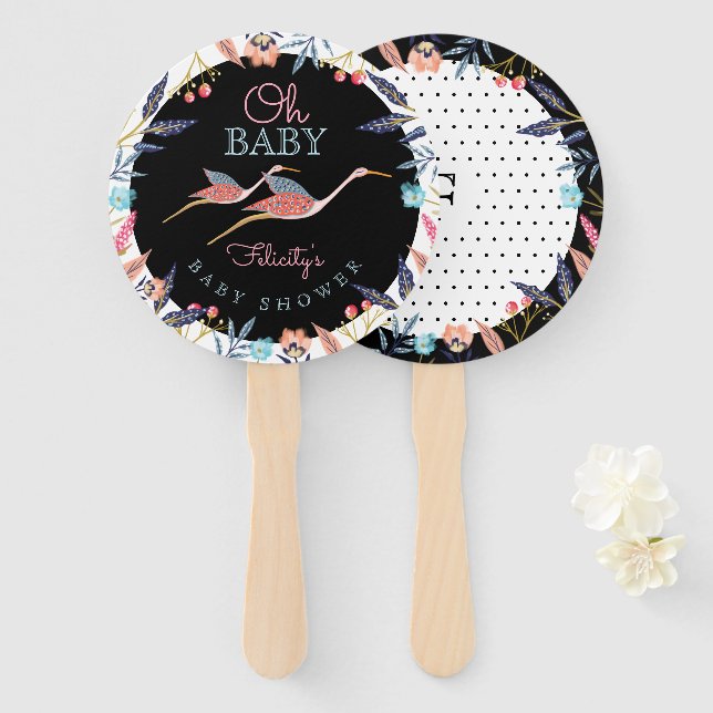 Éventail Mon bébé | Chic Baby shower floral de cigogne (Devant et derrière)