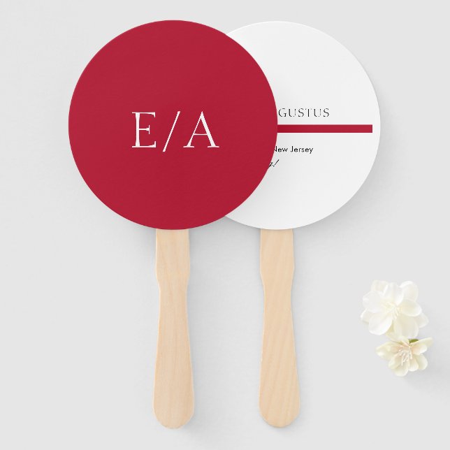 Éventail Monogramme minimal Mariage rouge simple et élégant (Devant et derrière)